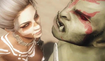 Busty anime ebony gets boned outdoors by a monster