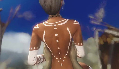 Busty anime ebony gets boned outdoors by a monster