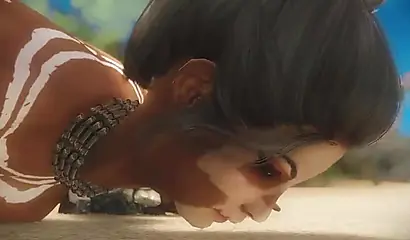 Busty anime ebony gets boned outdoors by a monster