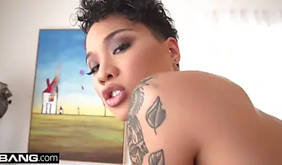 Busty inked ebony Honey Gold gets choked & dicked by Manuel Ferrara