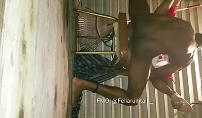 Horny black couple having sex on the porch