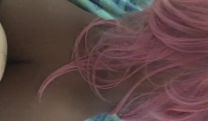 Pink-haired ebony bouncing up & down on a strong white schlong