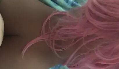 Pink-haired ebony bouncing up & down on a strong white schlong