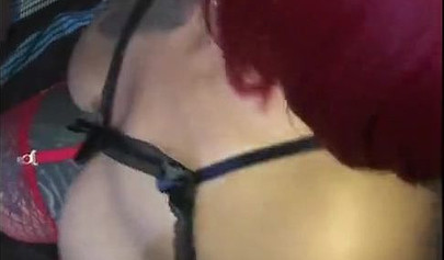 Redheaded ebony slut Caramel Chaun shows off her cock sucking skills