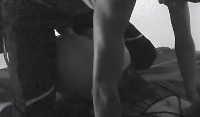 Lingerie-clad ebony with a big booty gets orally pleased & fucked doggystyle