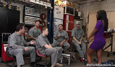 Ebony babe Bellah Dahl gets gangbanged by white mechanics