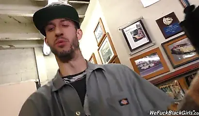 Ebony babe Bellah Dahl gets gangbanged by white mechanics
