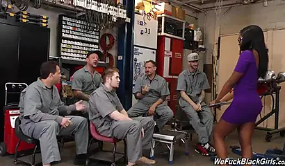 Ebony babe Bellah Dahl gets gangbanged by white mechanics