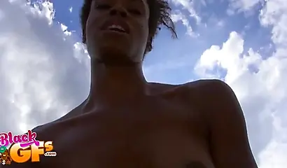 Slender ebony Mila Dulce dominates a white cock poolside