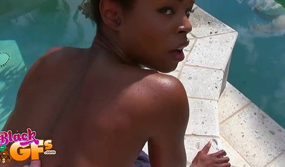 Ebony sweetie Mila Dulce loving interracial POV sex poolside