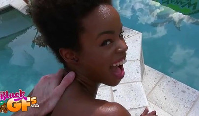 Ebony sweetie Mila Dulce loving interracial POV sex poolside