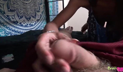 Ebony sinner Aria Skye gives her stepbrother oral pleasure & fucks him