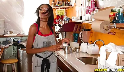 Ebony housewife Leisha Lush deepthroats a huge white dick