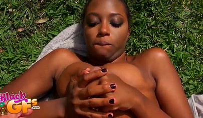 Ebony with huge tits Eva Quinn enjoys outdoor interracial POV sex