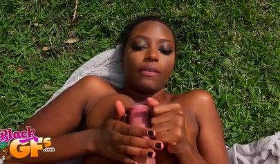 Ebony with huge tits Eva Quinn enjoys outdoor interracial POV sex