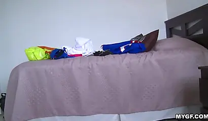 Cute girlfriend shows off her body while pleasuring his cock