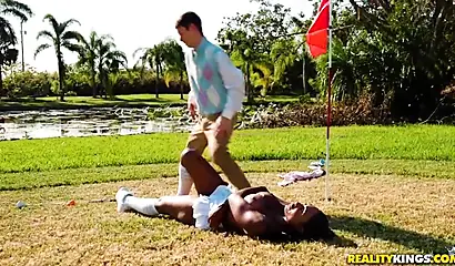 Desirable Tyler Steel teases with a sexy outfit on a golf course before sucking