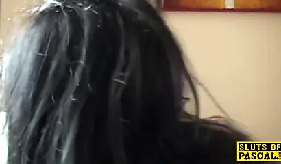 Amateur black babe with nice big tits wears lingerie while fucked