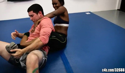 Seductive Cory Chase gets naked while wrestling with her lover