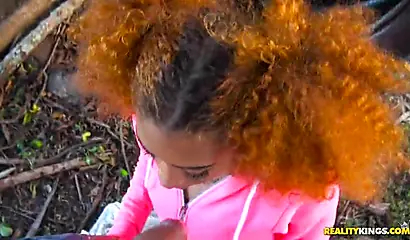 Cute black babe Kendall Woods gets her mouth full of cock