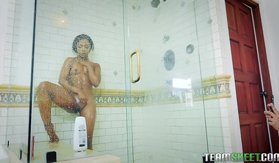 Desirable black babe Sarah Banks gobbles on his raging boner