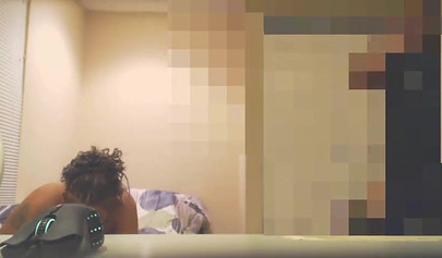 Busty black babe munches on his hard cock on a hidden cam