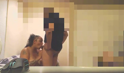 Busty black babe munches on his hard cock on a hidden cam