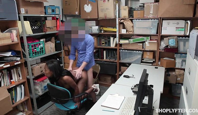 Shoplifter gets bent over and fucked by the security guy