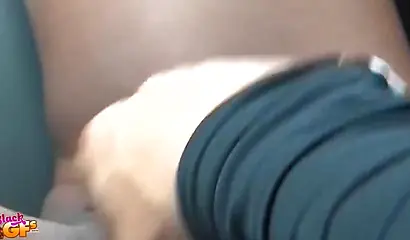 Tiny Ebony with glasses gives a blowjob in a car