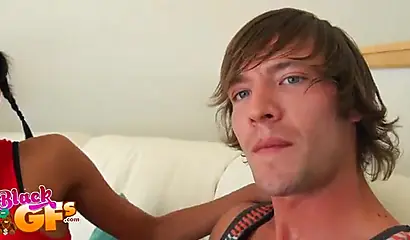 Black teen gives a great blowjob and gets rammed in doggy POV