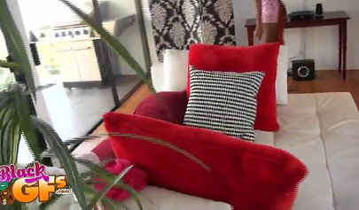 Desirable ebony chick teases with her pretty body in the kitchen