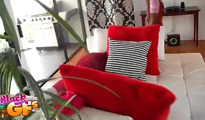 Desirable ebony chick teases with her pretty body in the kitchen