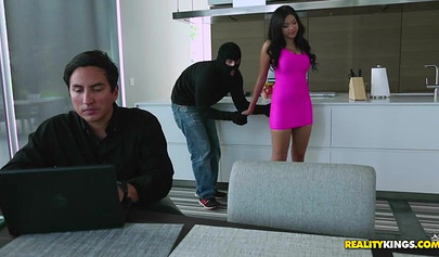 Incredible babe Cassidy Banks gets pleasured by a thief while husband is working