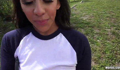 Priya Price gets on her knees outdoors and starts sucking