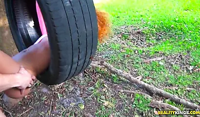 Black cutie with small tits gets fingered and fucked outdoors