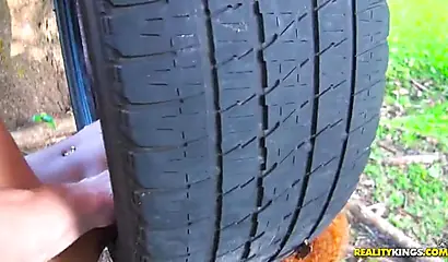 Black cutie with small tits gets fingered and fucked outdoors