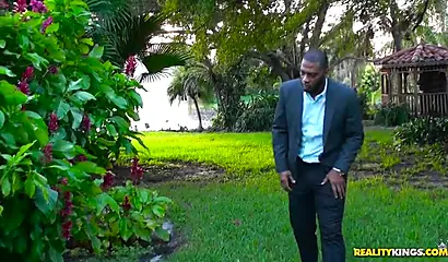 Black cutie with small tits gets fingered and fucked outdoors