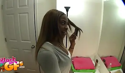 Lusty ebony shows her tits before they exchange oral pleasures