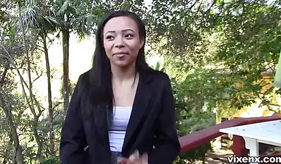 Black girl gets on her knees and then sucks on a big white dick while moaning