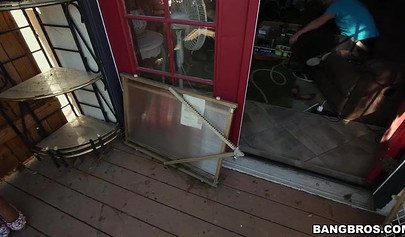 Busty ebony sweetie sucks a huge dick in the backyard and she loves it all