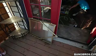 Busty ebony sweetie sucks a huge dick in the backyard and she loves it all