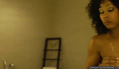 Ebony sweetie with curly hair Misty Stone does a good job of sucking and fucking