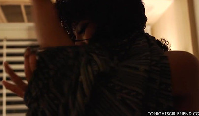 Ebony sweetie with curly hair Misty Stone does a good job of sucking and fucking