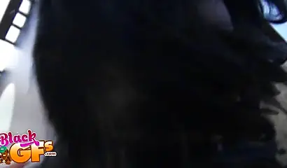 Ebony cutie gives a great blowjob to a white guy with a big dick and gets fucked