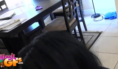 Young ebony babe with big tits sucks a white dick and gets fingered nicely