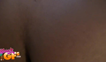 Young ebony babe with big tits sucks a white dick and gets fingered nicely