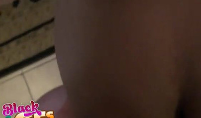 Young ebony babe with big tits sucks a white dick and gets fingered nicely