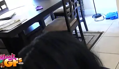 Young ebony babe with big tits sucks a white dick and gets fingered nicely