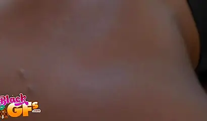 Young ebony babe with big tits sucks a white dick and gets fingered nicely