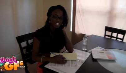 Pretty dark ebony chick sucks a fat white prick and gets a finger in her asshole